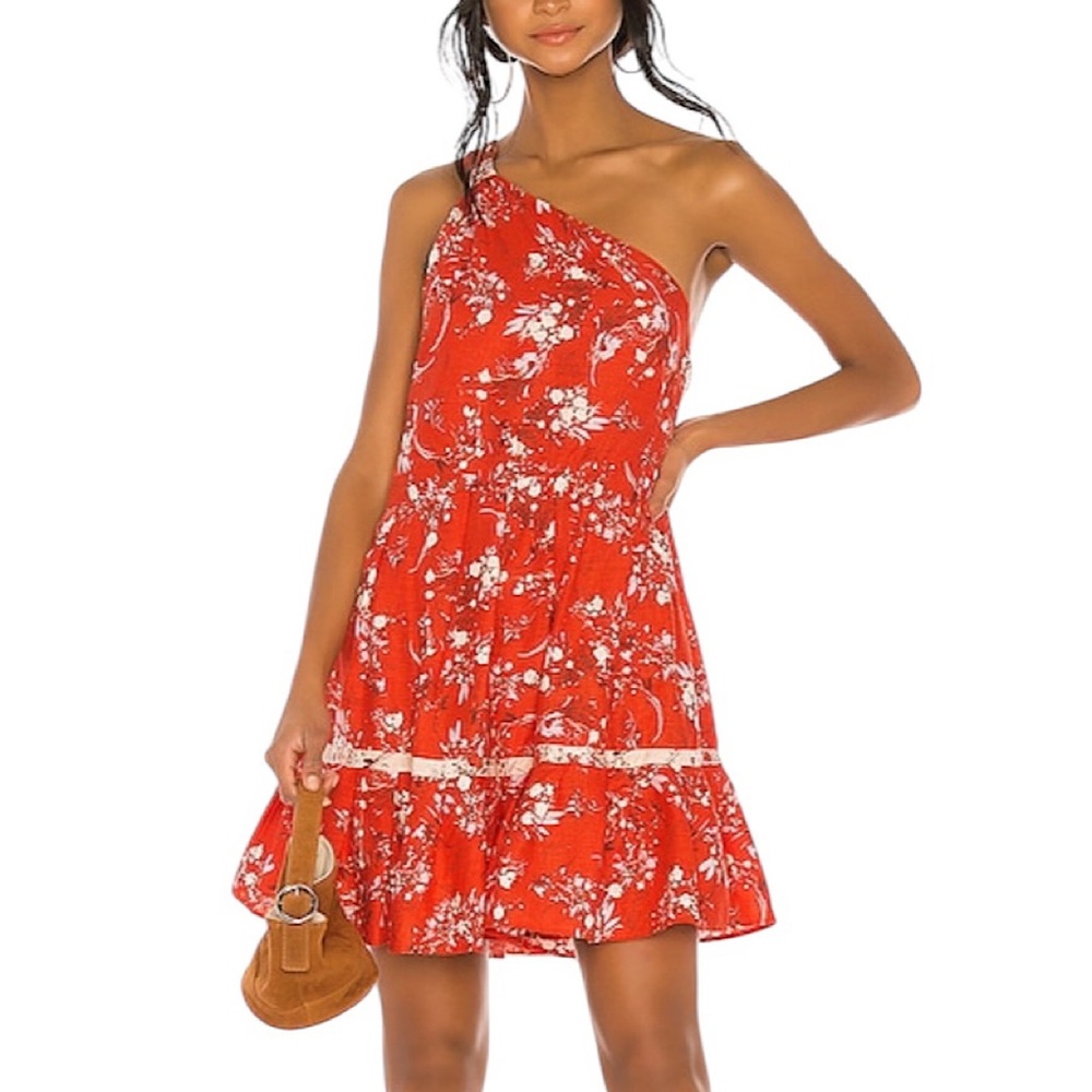 Free People Women’s All Mine Linen Blend Floral Mini Dress Red One Shoulder Sz L